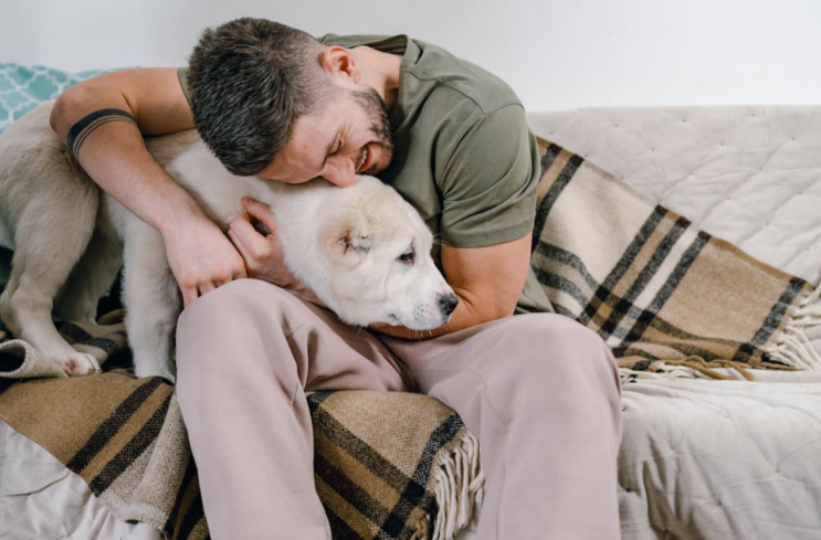 A man hugging his sick dog on a sofa
